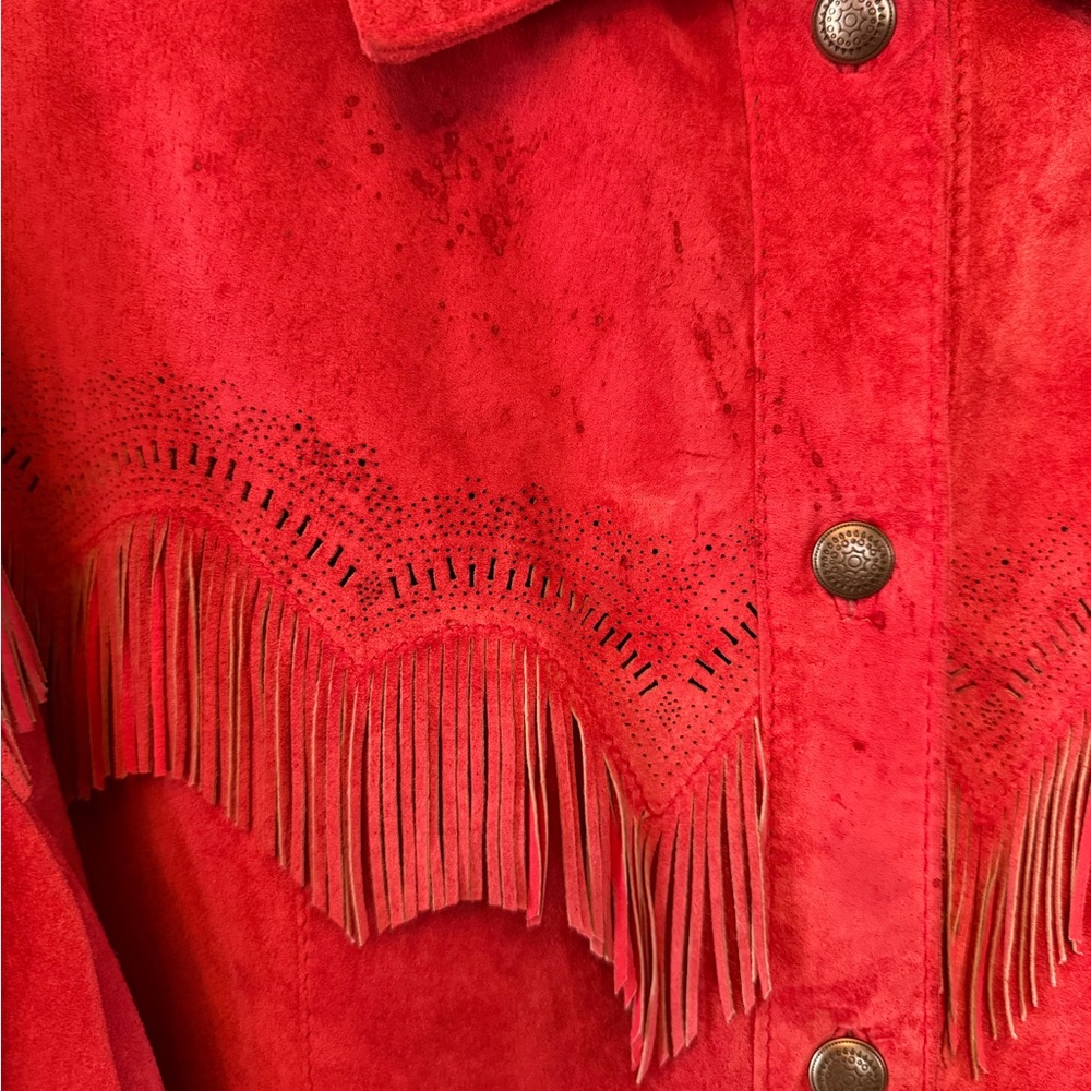 Chico’s western Vermillion Suede Fringed Jacket coral pink sz 3 - Picture 10 of 16